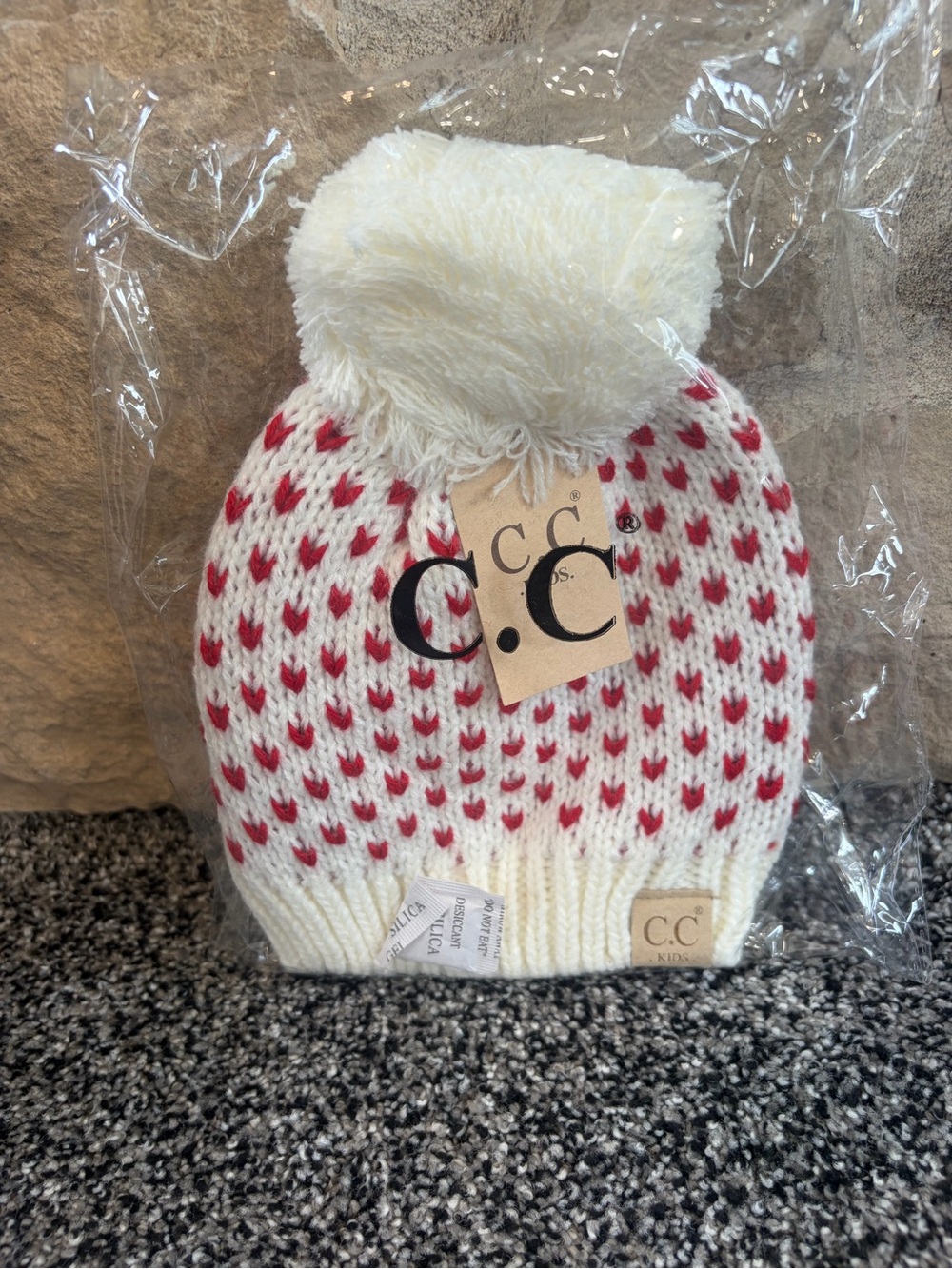 C.C Kids Cream Hat with Red Heart Knit and Pom